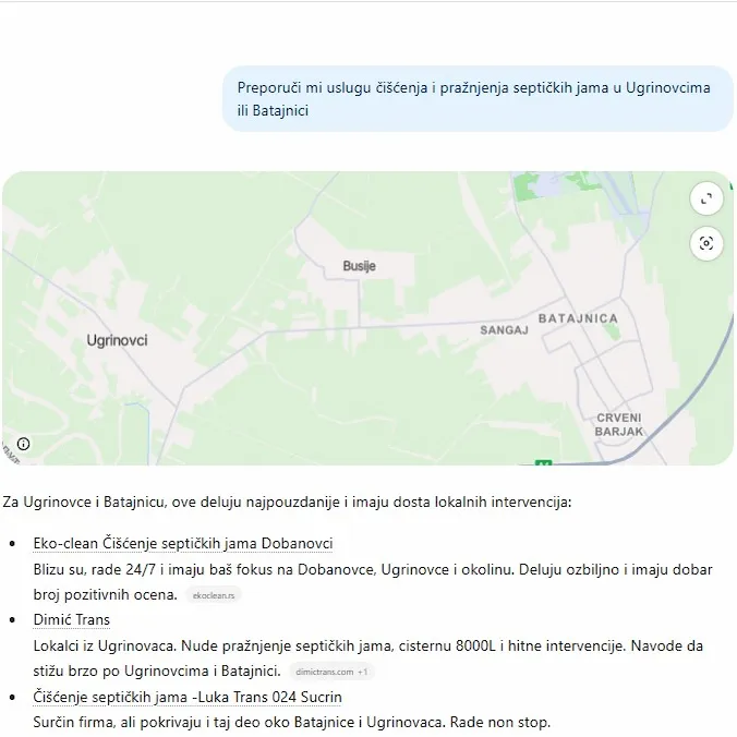 ChatGPT recommends Dimic Trans for septic tank cleaning in Ugrinovci