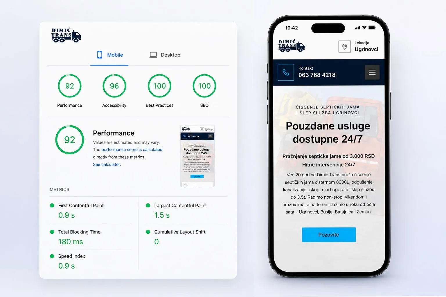 Website speed and mobile optimization for local service company Dimic Trans